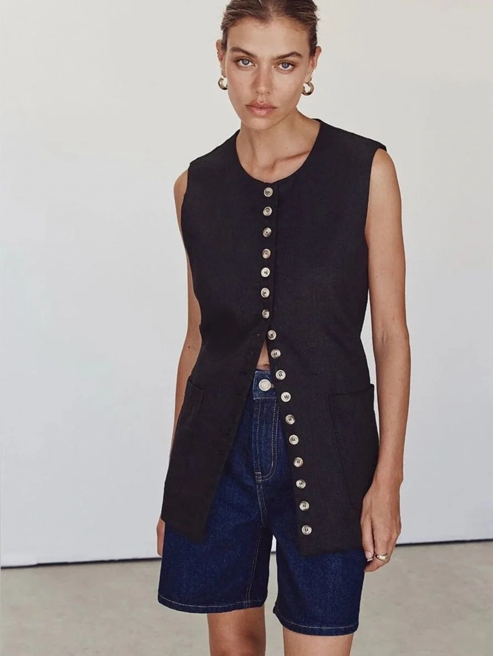 Dissh Black Linen Blend Sleeveless Button-Front Vest Size 10 - Picture 1 of 5